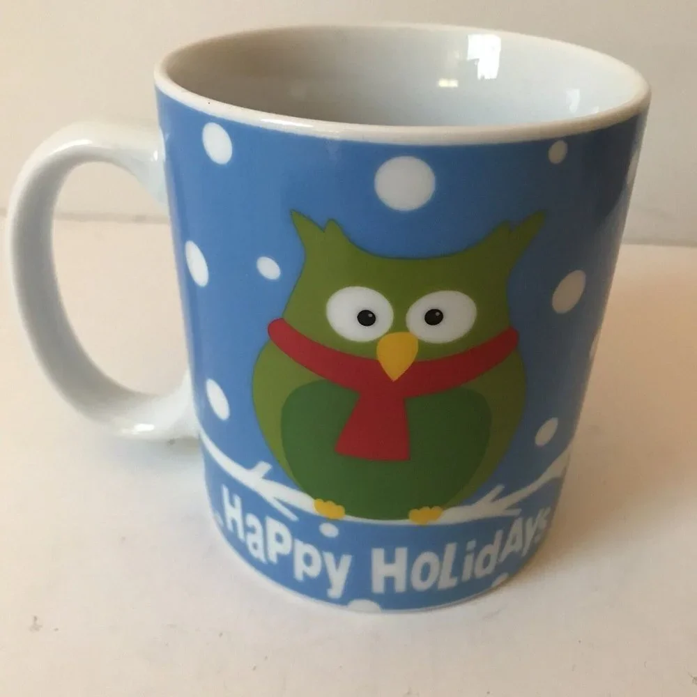 Pier One Happy Holiday Owls ceramic mug blue Christmas snow coffee‎ tea seasonal